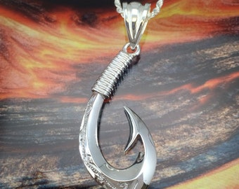 Sterling Silver Hawaiian Fish Hook with Two Barbs Pendant (P831)  with Optional Sterling Silver Rope Chain