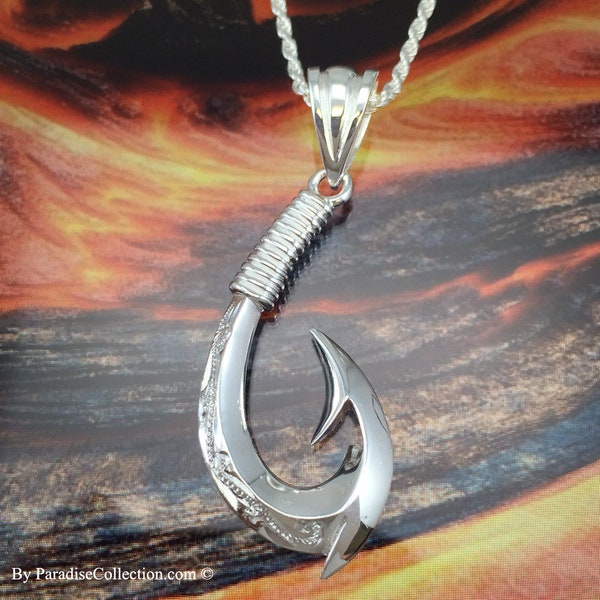 Sterling Silver Hawaiian Fish Hook with Two Barbs Pendant (P831)  with Optional Sterling Silver Rope Chain