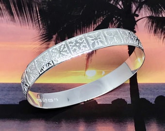 Sterling Silver 10mm Hawaiian Mixed Quilt Design Bangle with Plain Edge (B238_10MM)