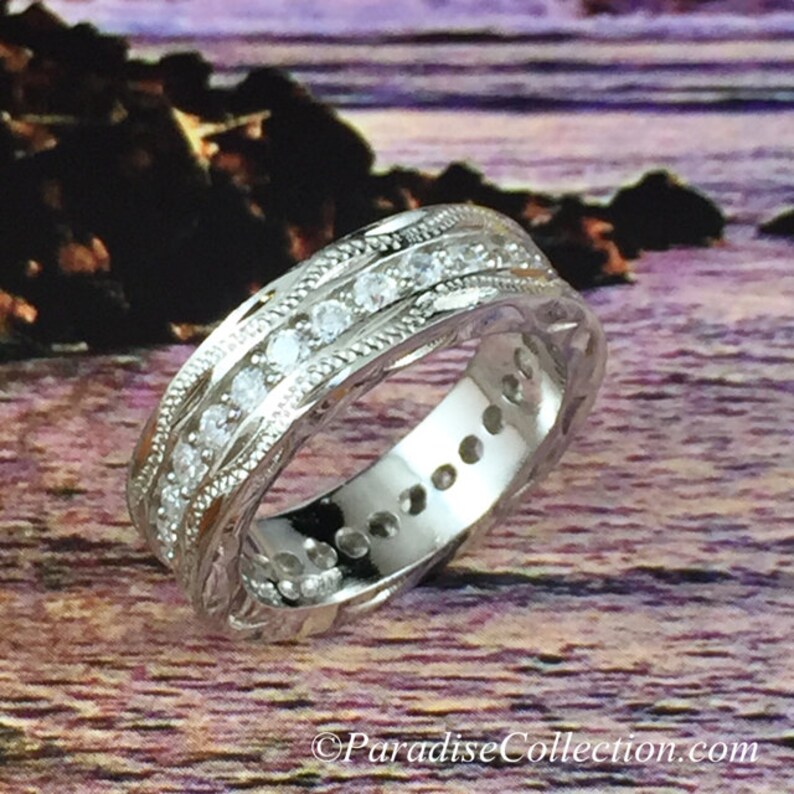 Fine Engraved Sterling Silver Hawaiian Scroll w Channel Set CZ Ring R558