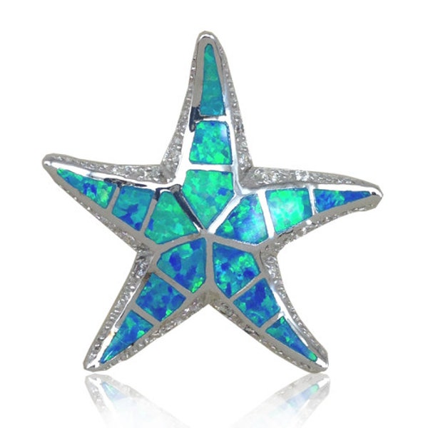 Sterling Silver Hawaiian 30MM Starfish Shaped Blue Opal Slide Pendant with Rhodium Box Chain (P1217)