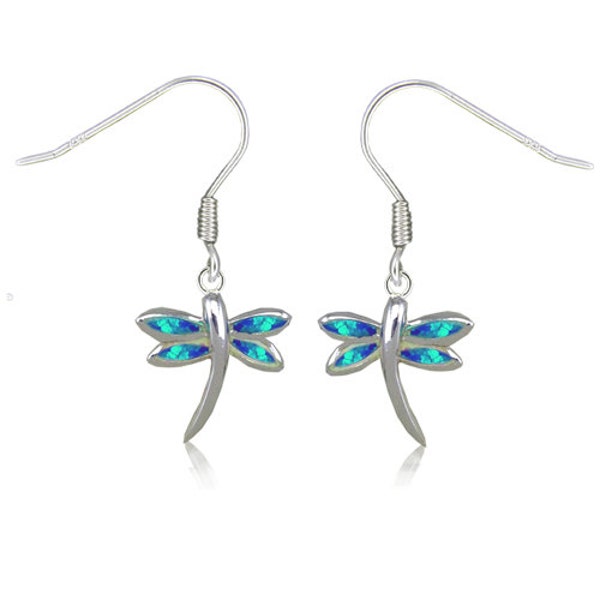 Sterling Silver Hawaiian Dragonfly Shaped Blue Opal Earrings with Fish Wires (E815)