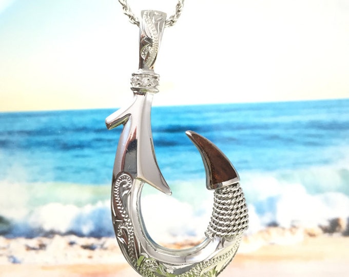 Featured listing image: Sterling Silver Hawaiian Koa Wood 2" Fish Hook with 2 Side Engraving Scroll Design Pendant (XL)  (P1193) with Optional Rhodium Rope Chain