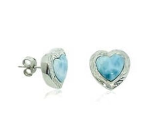 Pendientes de botón en forma de corazón de plata de ley y larimar auténtico (E834)