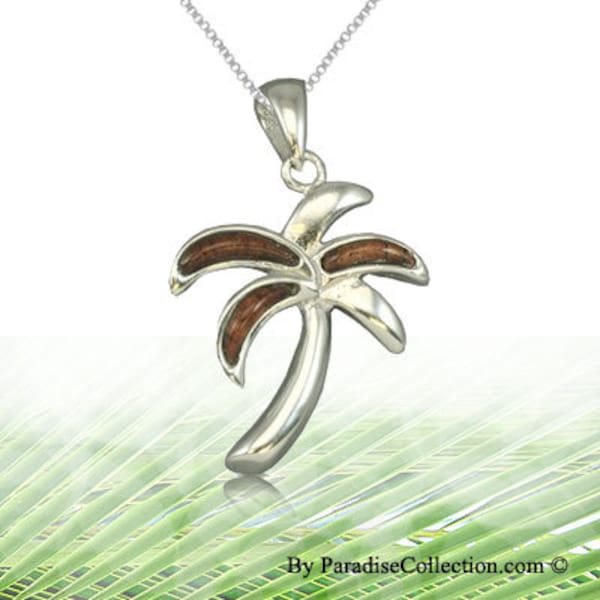 Sterling Silver Hawaiian Koa Wood Palm Tree Pendant with Rhodium Box Chain (P1183)