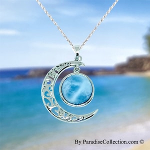 Sterling Silver and Genuine Larimar Sun & Moon Pendant (P1273)  with Optional Rhodium Rope Chain