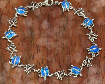 Sterling Silver Hawaiian Honu Blue Opal Bracelet (B636)