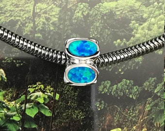 Sterling Silver Hawaiian Rhodium Oval Shaped Opal Bead Charm with Hawaiian Bead Bracelet (P1049)