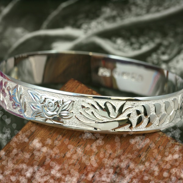 Sterling Silver 12mm Four Seasons Hawaiian Florals Design with Plain Edge Bangle (BA003)