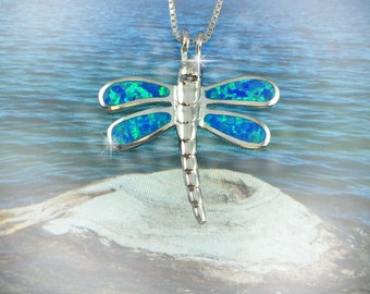 Sterling Silver Hawaiian Dragonfly Shaped Blue Opal Pendant with Optional Rhodium Box Chain (P1209)