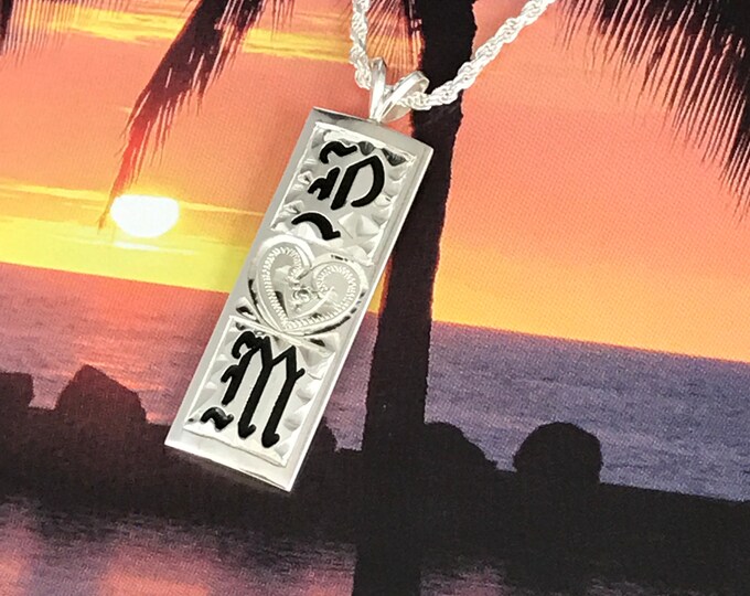 Featured listing image: Sterling Silver 10mm Double Initial Hawaiian Pendant with Hand Carved Heart (SS2P03-10MM) with Optional Silver Rope Chain