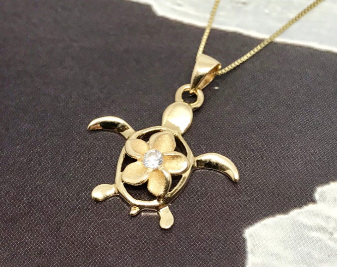 Featured listing image: 14kt Gold Hawaiian Plumeria CZ Honu Pendant with 14KT Gold Box Chain (P2024Y)