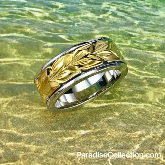 Sterling Silver Hawaiian 14K Yellow Two Toned Maile 8mm Ring Band