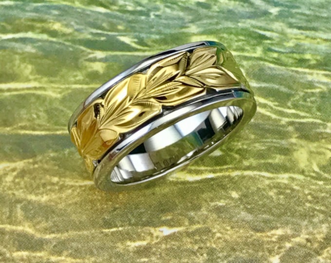 Featured listing image: Sterling Silver Hawaiian 14K Yellow Two Toned Maile 8mm Ring Band (R564)