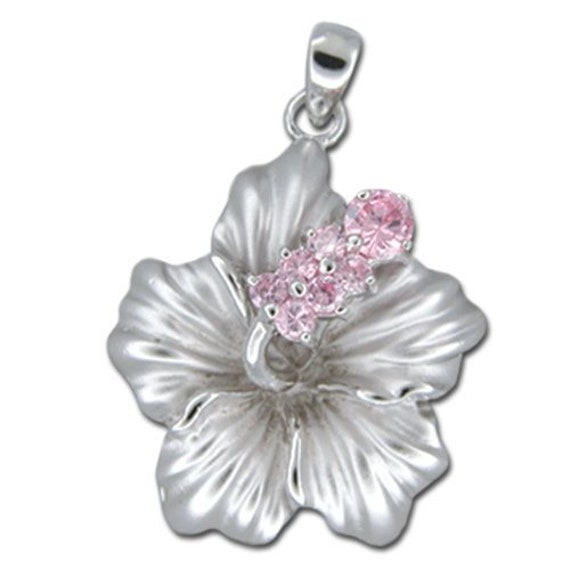 Sterling Silver Hawaiian Hibiscus Pink CZ Pendant (P778_PK) With