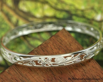 Sterling Silver 8mm Cut-in Hawaiian Plumeria and Scroll with Plain Edge Bangle (BA008)