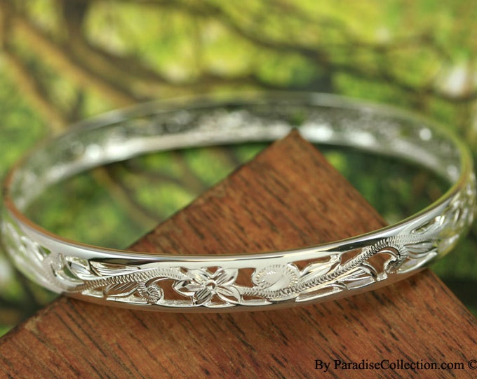 Featured listing image: Sterling Silver 8mm Cut-in Hawaiian Plumeria and Scroll with Plain Edge Bangle (BA008)