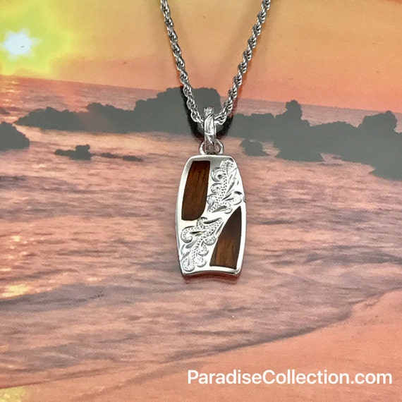 Sterling Silver Hawaiian Koa Wood Bodyboard Shaped Engraved