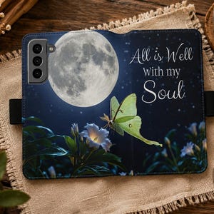 Celestial Luna Moth Folio Phone Case, Full Moon Night Garden Wallet Case