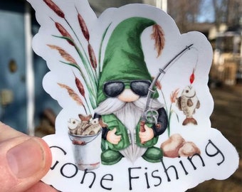 Gone fishing gnome premium waterproof sticker/decal, UV safe
