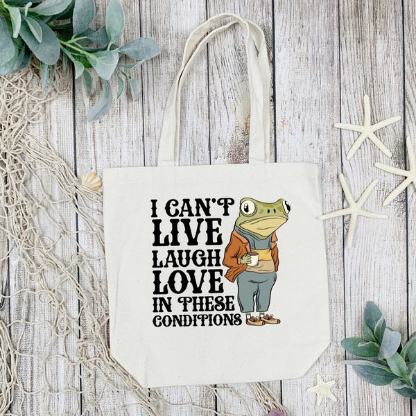 100% Cotton Canvas tote bag, I can’t live love laugh frog, free sticker with purchase