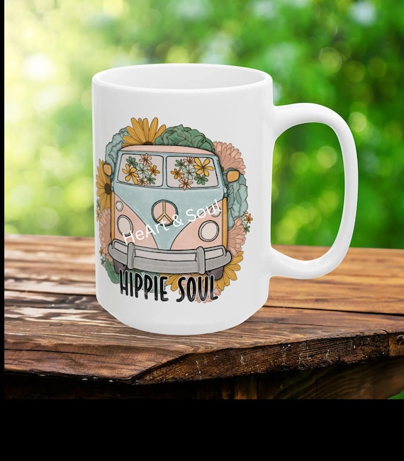 Hippie Van Coffee Mug: Groovy 60s Flower Power Ceramic Mug