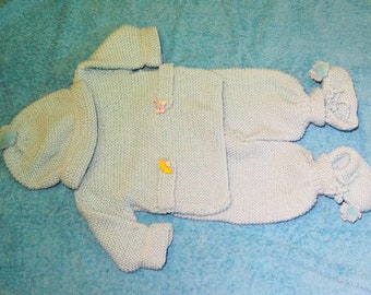 3 - 6 months 4 piece hand knitted woollen baby boy outfit with beanie, jumper/jacket, pants and booties