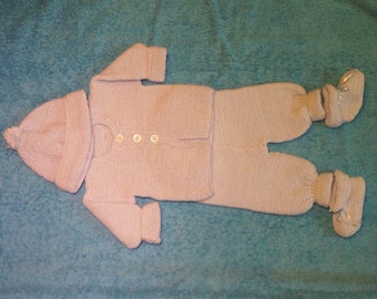 0 - 3 months 4 piece hand knitted woollen baby boy outfit with beanie, jumper/jacket, pants and booties