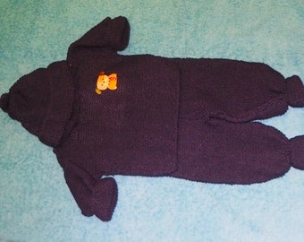 0 - 6 months 3 piece hand knitted woollen baby boy outfit with beanie, jumper/jacket and pants.