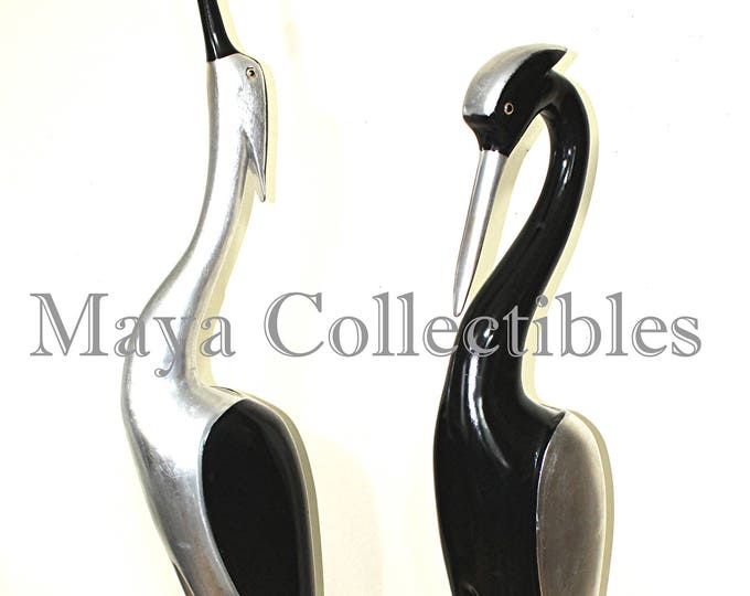 Wood Sculpture Flamingo Bird Black Lacquer Silver Large 70" Mid Century Art Deco