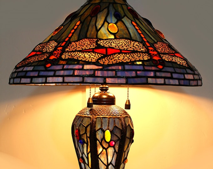 Vintage Stained Glass Dragonfly Table Lamp With Cabochons & Lighted Base 26"