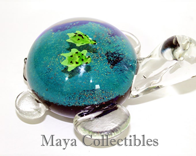 Hand Blown Art Glass Paperweight Blue Turquoise Sea Turtle with babies on back