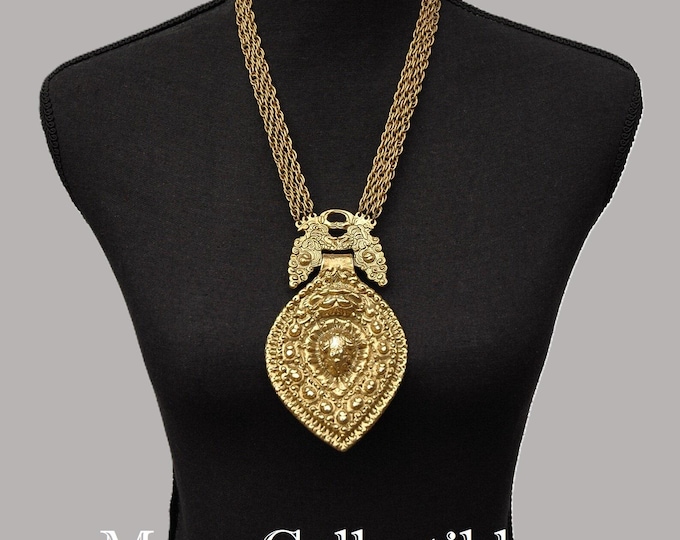 Vintage GOLDETTE Large Etruscan Statement Necklace Massive Gold Regal BREASTPLATE