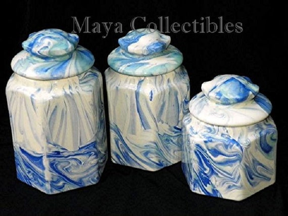 Vintage Blue White Marbleized Swirl Hexagon Ceramic Canisters Set Weller Style