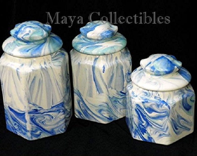 Vintage Blue White Marbleized Swirl Hexagon Ceramic Canisters Set Weller Style