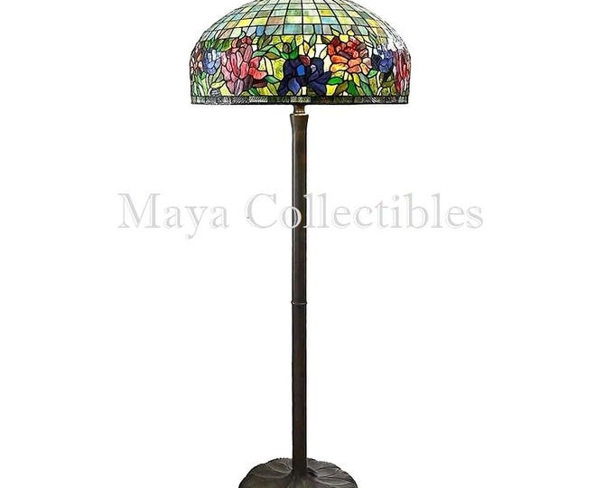 Tiffany Studios Style Floor Lamp with Peony Border Stained Glass Shade 26"