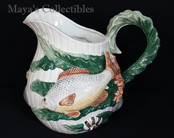 Fitz & Floyd Fish Market Pitcher Shells StarFish Sea Weed Handle 2 1/4 QT