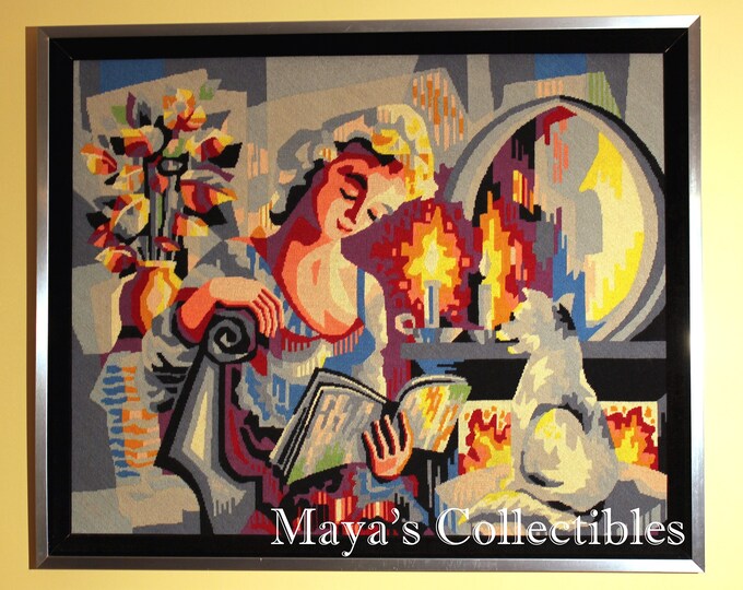 Magnificent Mid Century Needlepoint Tapestry Abstract Wool & Chrome Huge 28 X 34