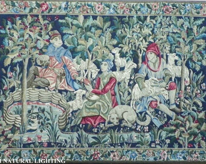 Antique Scenic French Tapestry Wool W Figures Dogs & Sheep Framed Huge 6' X 4'