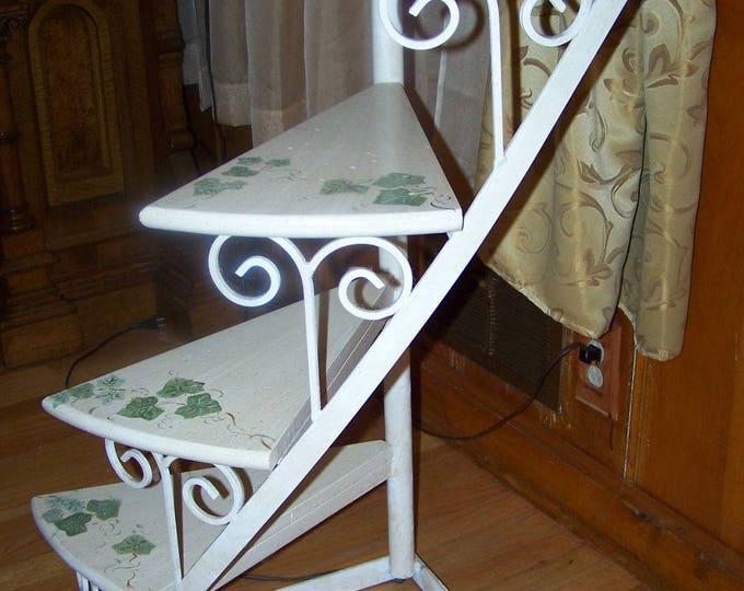 French Provincial Floor Lamp Staircase Plant Stand Wrought Iron Wood Hand Painted