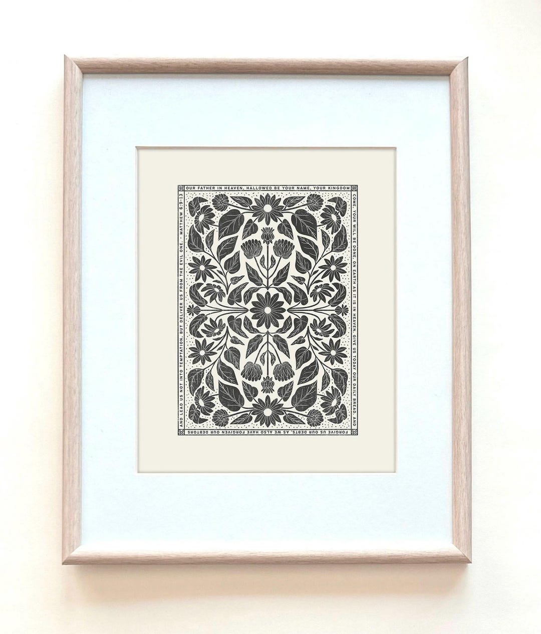 The Lord's Prayer Art Print: Vintage Inspired Floral, Matthew 6 (8x10)
