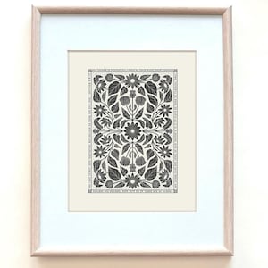 May include: Black and white floral print with the text "Our Father in Heaven, hallowed be your name, your kingdom come, your will be done on earth as it is in heaven, give us this day our daily bread, and forgive us our debts as we forgive our debtors, and lead us not into temptation, but deliver us from evil. For thine is the kingdom, and the power, and the glory, forever. Amen."