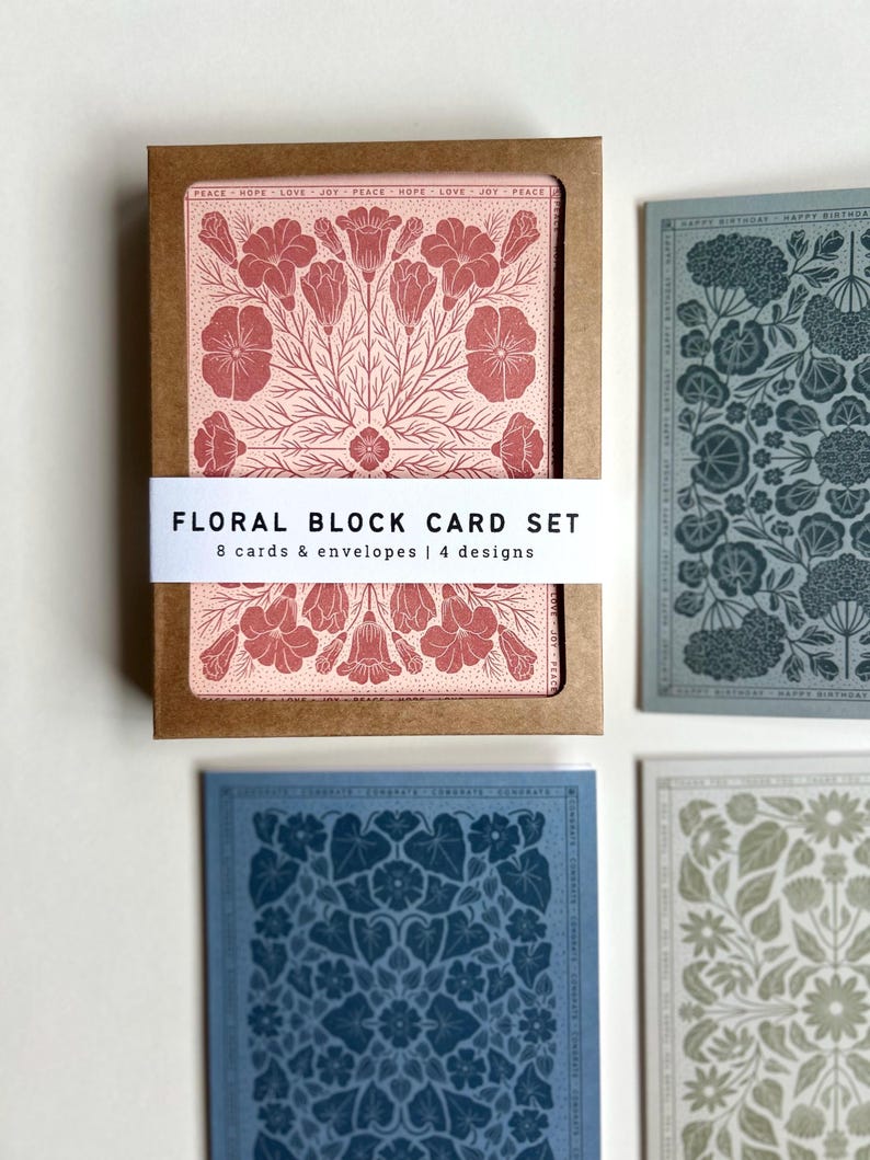 Label Block Cards Floral Block Print Cards – Assorted Blank Stationery Set (8 Cards ...