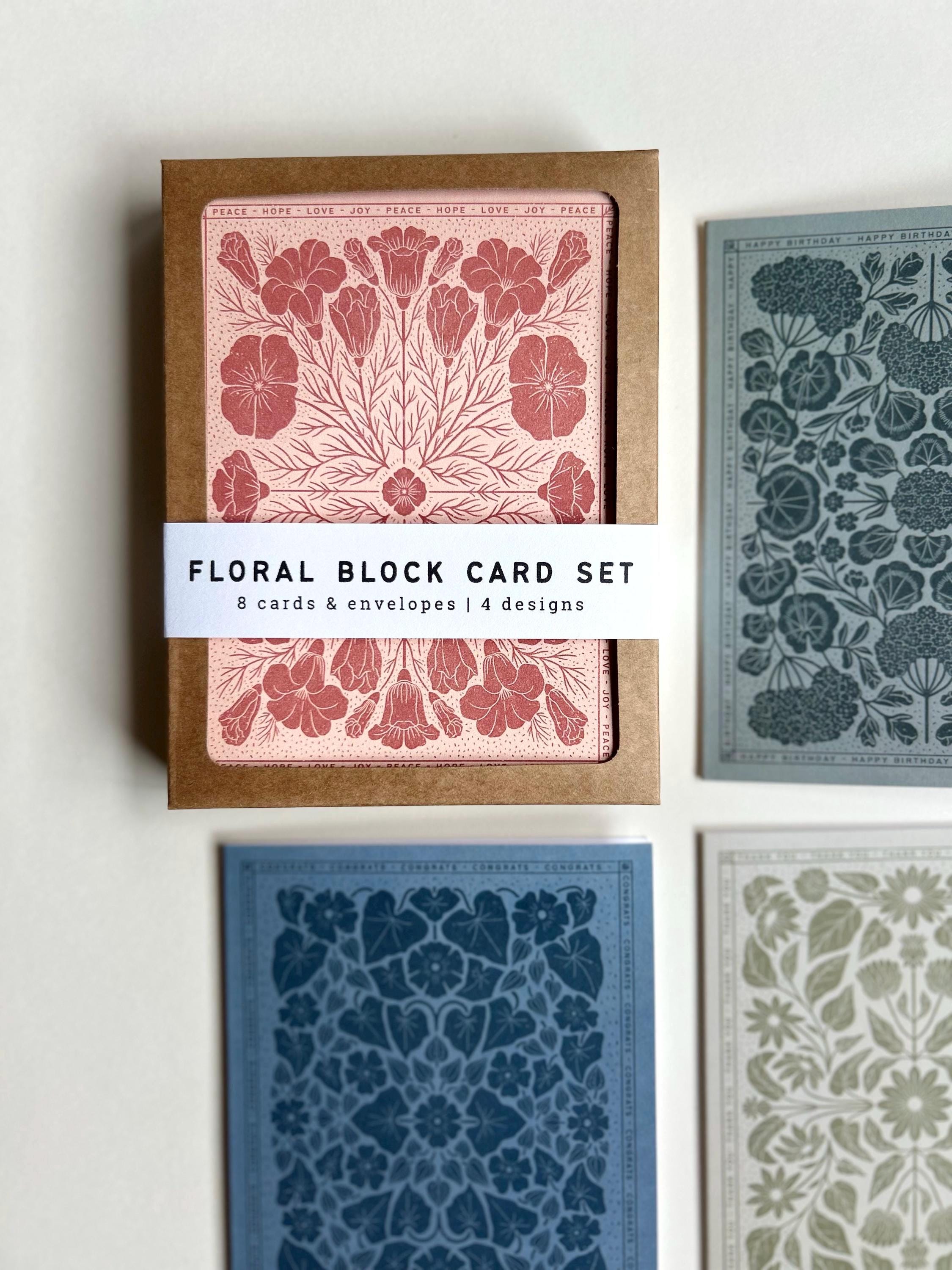 Floral Block Print Cards – Assorted Blank Stationery Set (8 Cards ...