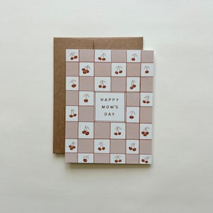 Fête des mamans damier + cerises | Carte format A2 avec enveloppe kraft | Blanc à l'intérieur