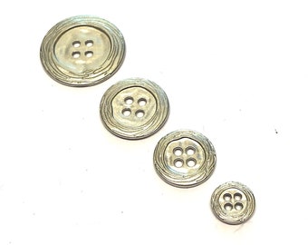 6, silver finish metal buttons in 4 sizes, etched silver buttons, silver buttons, metal shirt buttons, metal jacket buttons