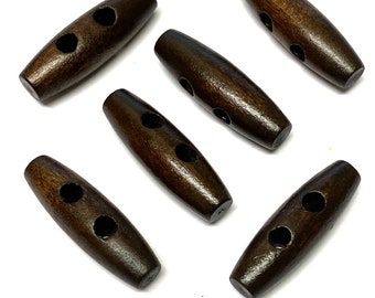 6pcs Dark Brown Wood Toggles: 35mm Wooden Duffle Buttons