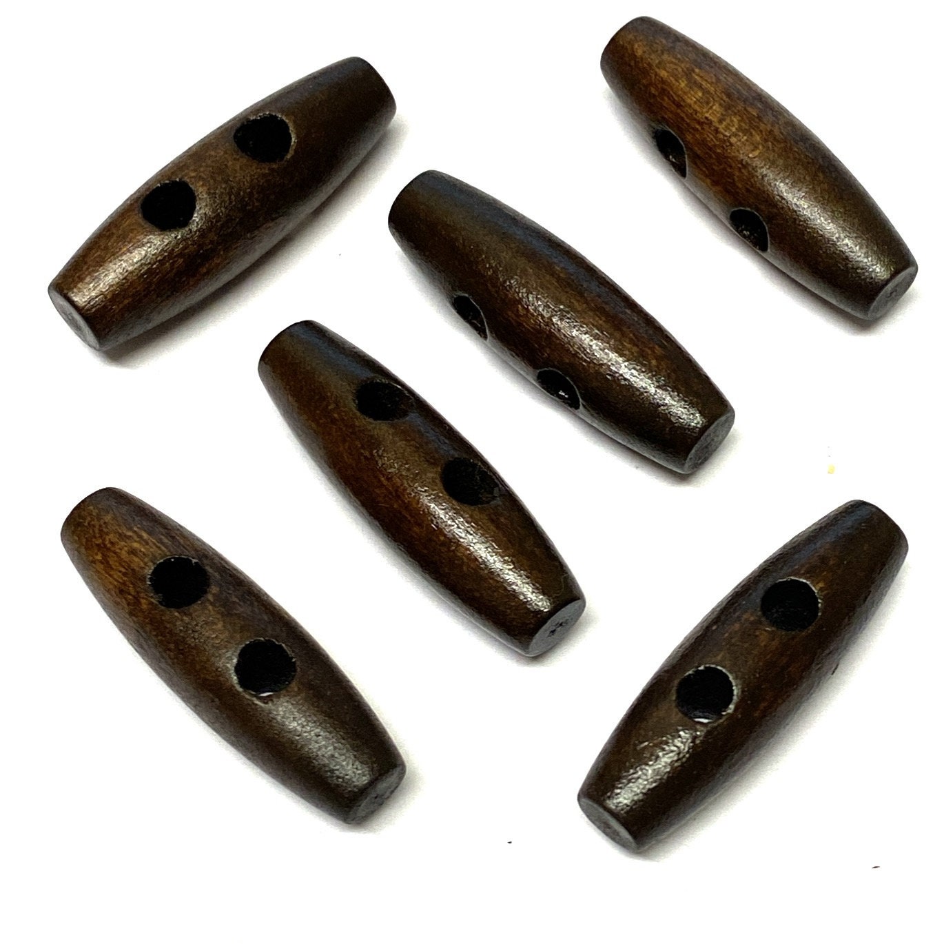 6, 35mm dunkelbraune Holzknebel, braune Holzknöpfe, zwei Löcher, Mantelknöpfe, Duffleknöpfe, Winterknöpfe, Bastelknöpfe