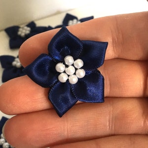10, satin ribbon flowers, pearl ribbon flowers, navy ribbon flowers, navy ribbon rosettes, satin ribbon rosettes, sewing appliques, craft image 3