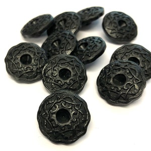 10, 21.6mm (34L) patterned buttons, black fancy buttons, black buttons, coat buttons, shank buttons, vintage buttons, sewing supplies